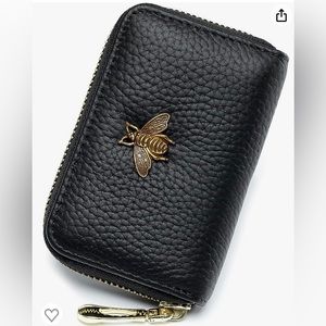 Black Cardholder Wallet with Gold Metal Bumblebee Detail